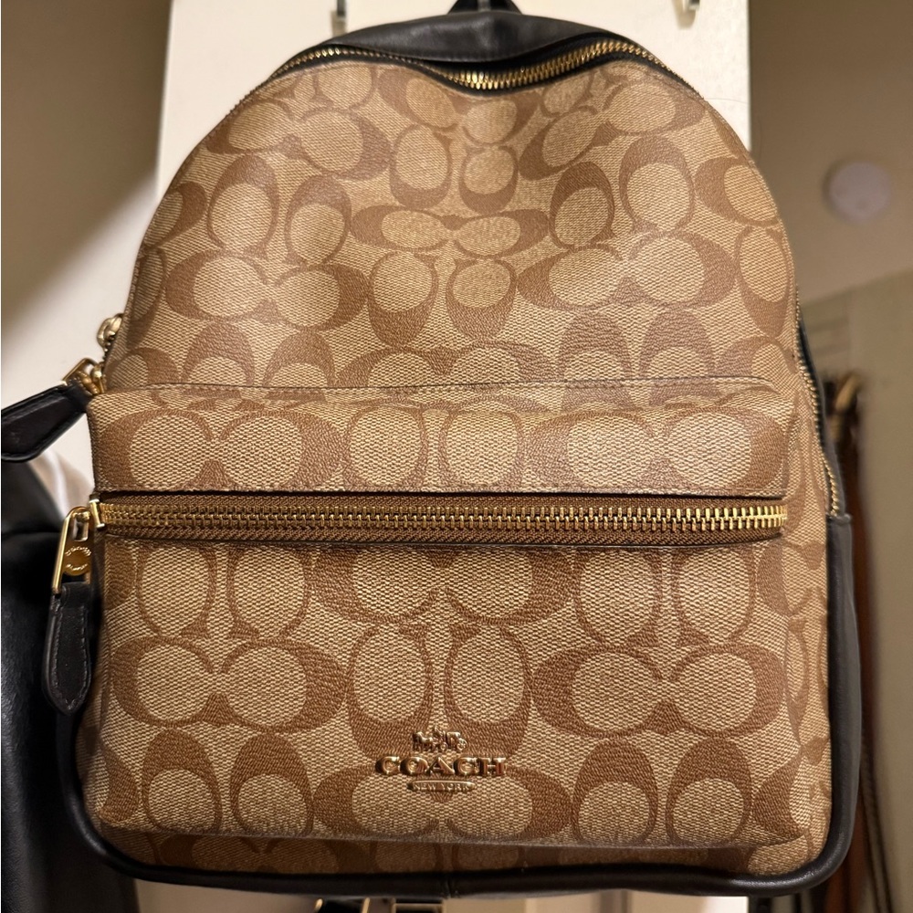 Coach Brown Signature Canvas Backpack with Black Trim